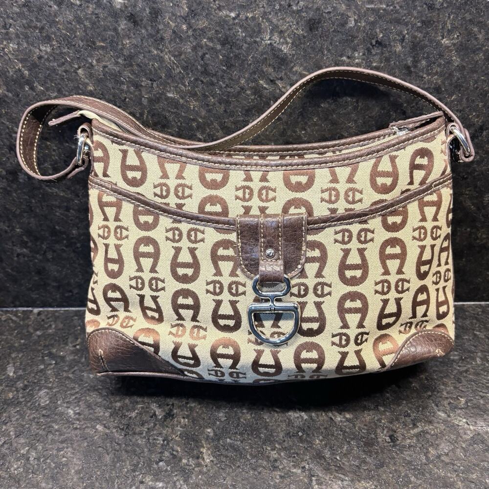 Vintage Etienne Aigner Logo Medium Hand Bag Pockets Canvas Leather Trim